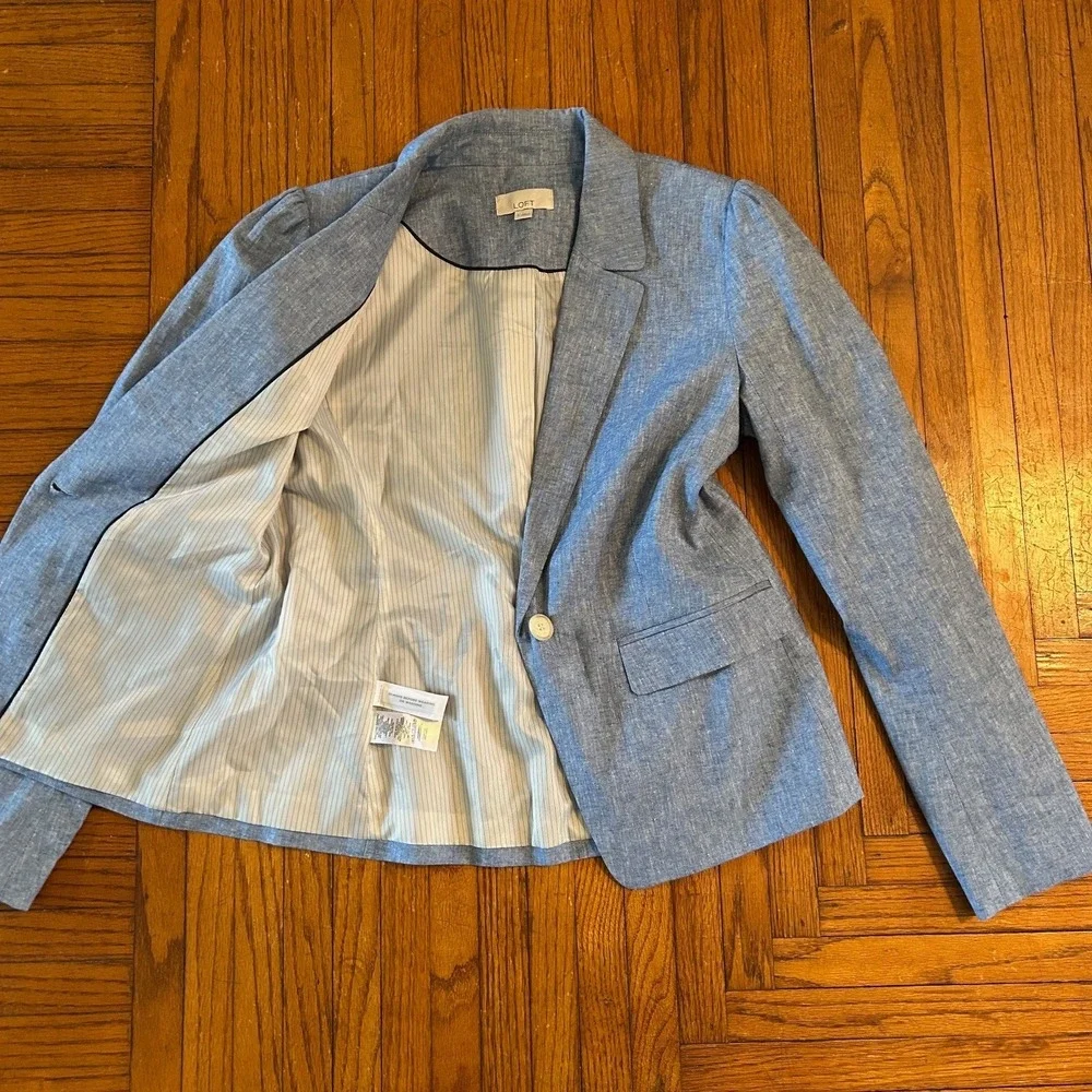 LOFT Blue Linen Blend Chambray Blazer Single Button Jacket Size 4 Preppy Classic - Picture 3 of 10